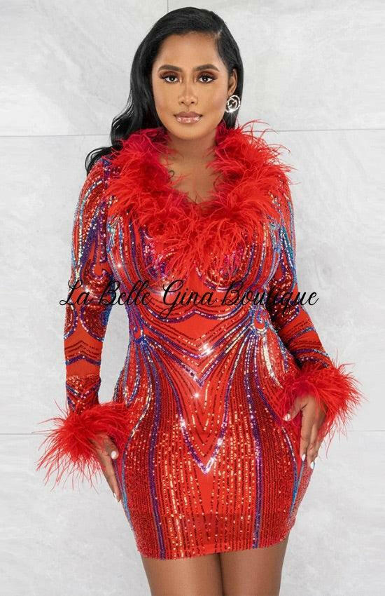 Alice V-neck Sequin Buttock Wrapped Long-sleeves Party Dress-Red - La Belle Gina Boutique
