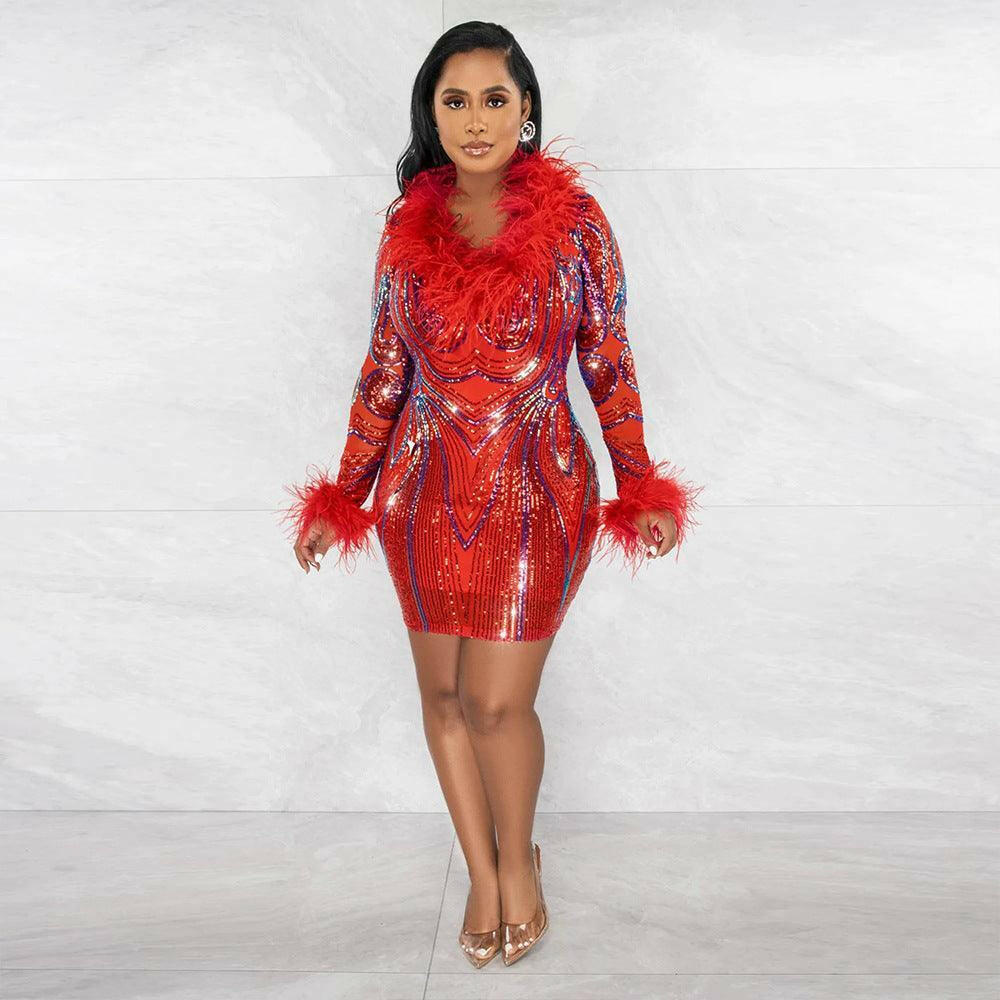Alice V-neck Sequin Buttock Wrapped Long-sleeves Party Dress-Red - La Belle Gina Boutique