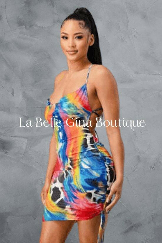 Angel Multi color side drawstring Mini Dress - La Belle Gina Boutique