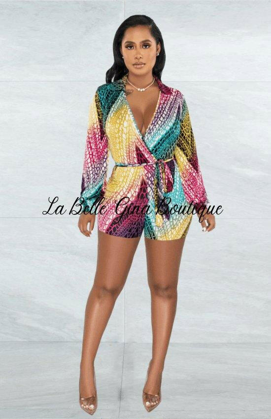 Athena Deep V-Neck printing strapping jumpsuit-Multicolor - La Belle Gina Boutique