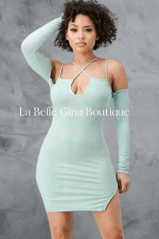 AVENA knitted rib off shoulder sleeves mini dress. - La Belle Gina Boutique