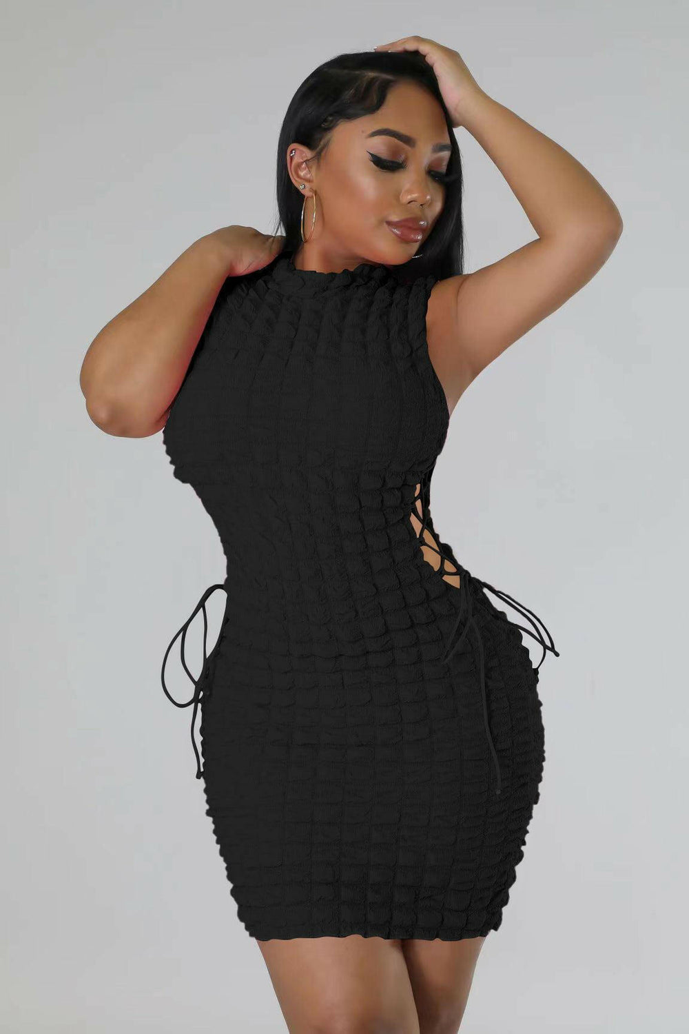 Avena Side Waist Lace Up And Lining Mini Dress-Black - La Belle Gina Boutique