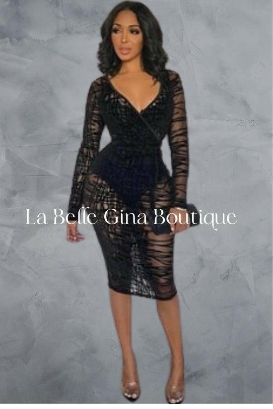 AVY sexy see through lace up shoulder sheer long sleeves mini dress. - La Belle Gina Boutique
