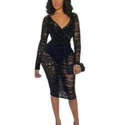 AVY sexy see through lace up shoulder sheer long sleeves mini dress. - La Belle Gina Boutique