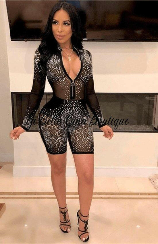 BAE mesh patch studded sequine zipper see through romper. - La Belle Gina Boutique