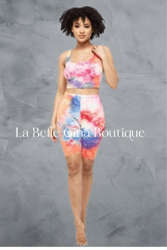 BAE tie dye crop with matching biker short set. - La Belle Gina Boutique