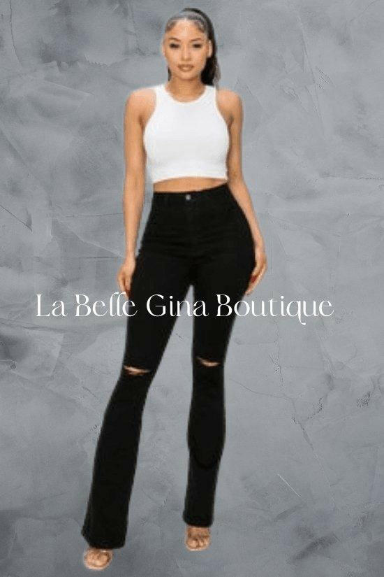 BEN Junior flare black jeans knee cut leg opening. - La Belle Gina Boutique