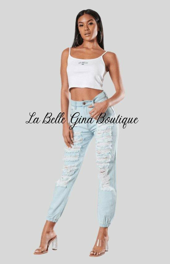 BENITA high waisted distressed mom with elastic waistband. - La Belle Gina Boutique