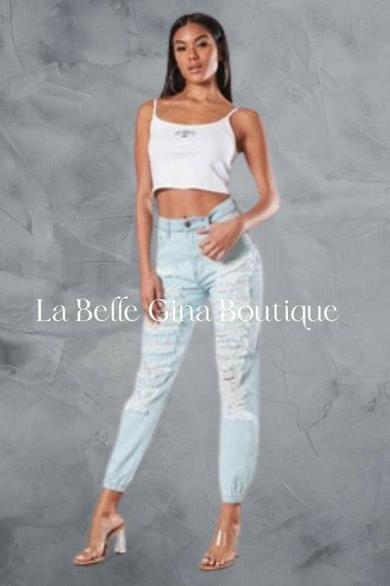 BENITA high waisted distressed mom with elastic waistband. - La Belle Gina Boutique