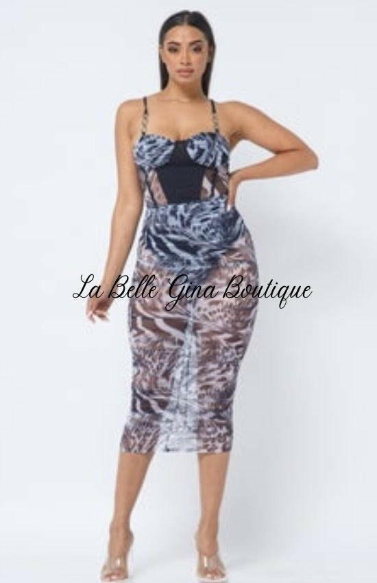 BENITA midi animal print top open shoulder with attached long sleeve dress. - La Belle Gina Boutique