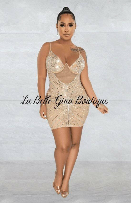 Camille Beige Mesh Sherr Mini Dress-Beige - La Belle Gina Boutique