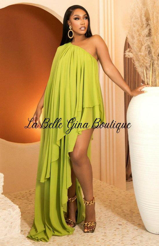 Camille Chiffon Party Holiday Long Dress-Green - La Belle Gina Boutique