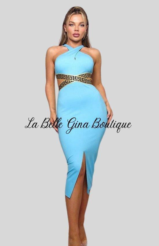 Camille Aqua Crossed Front Halter Geo Trim Mini Dress Chic & Stylish Light Blue / Large Camille Aqua Crossed Front Halter Geo Trim Mini Dress Chic & Stylish Light Blue / Large