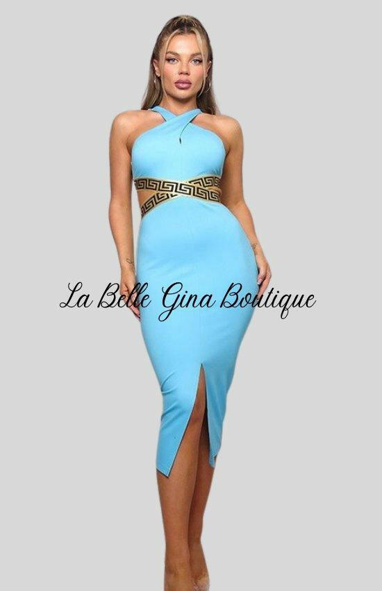 Camille Crossed Front Halter Geo Trim Mini Dress-Aqua - La Belle Gina Boutique