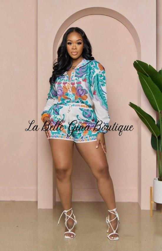 Camille Printed Long Sleeve Casual Two-Piece Shorts set _Blue - La Belle Gina Boutique