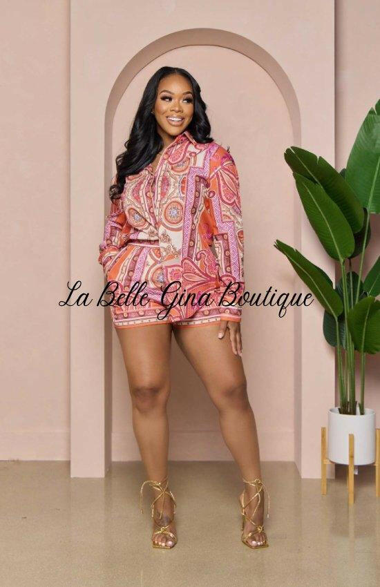 Camille Printed Long Sleeve Casual Two-Piece Shorts Set-pink - La Belle Gina Boutique