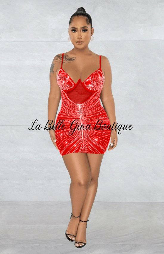 Camille Red mesh sheer Mini Dress-Red - La Belle Gina Boutique