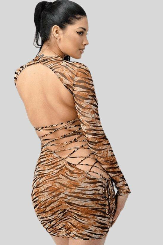 Claire Mini Dress - Zebra Print Long Sleeves | La Belle Gina S / Brown Claire Mini Dress - Zebra Print Long Sleeves | La Belle Gina S / Brown