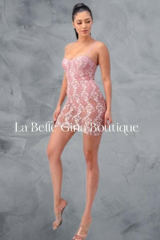 CLAIRE see through lace mini dress at La belle Gina Boutique S / PINK CLAIRE see through lace mini dress at La belle Gina Boutique S / PINK