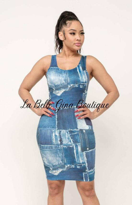 Clara Print Bodycon Tank Mini Dress-Denim - La Belle Gina Boutique