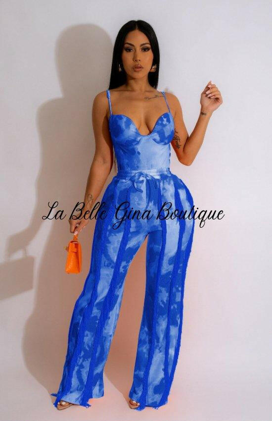 Clara Printed Fringed Lace Camisole Bodysuit And Pants Set-Blue - La Belle Gina Boutique