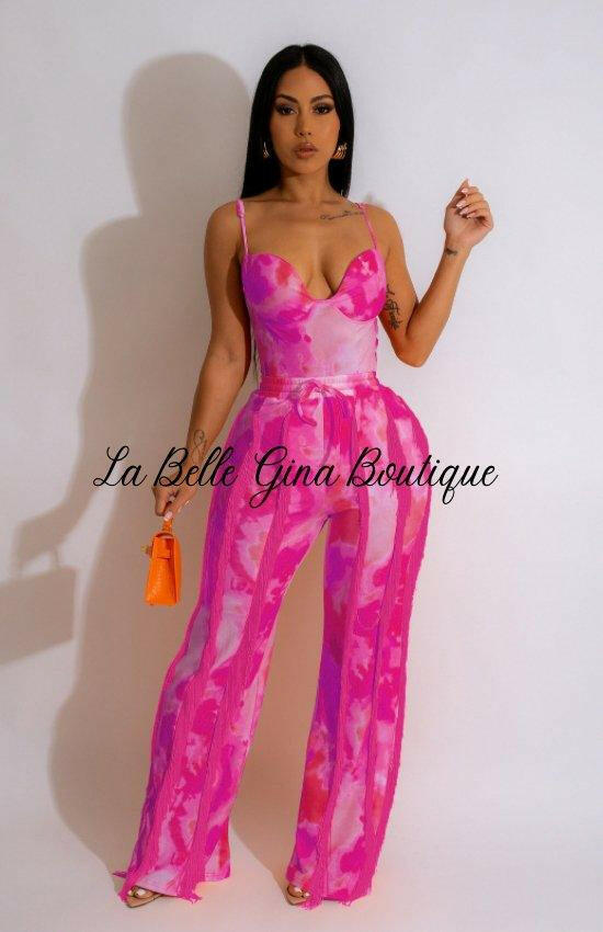 Clara Printed Fringed Lace Camisole Bodysuit And Pants Set-Rosered - La Belle Gina Boutique