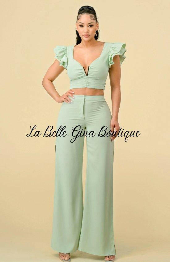 Clara Ruffle Sleeve Trim Top And Slit Pants Set-Sage - La Belle Gina Boutique