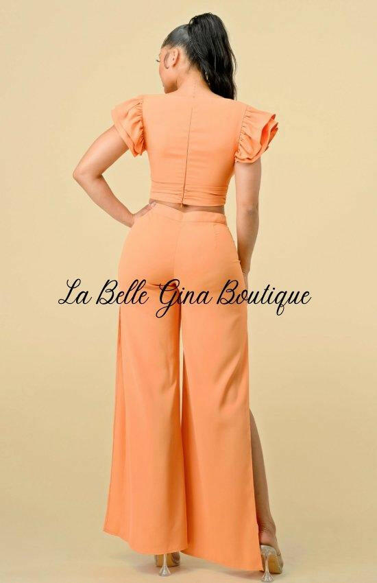 Clara Ruffle Trim Top And Slit Pants Set-Baby Orange - La Belle Gina Boutique