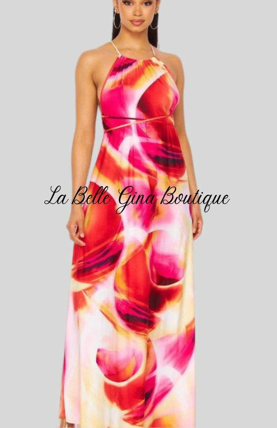 Clara Sleeveless Halter Maxi Dress-Fuchsia - La Belle Gina Boutique