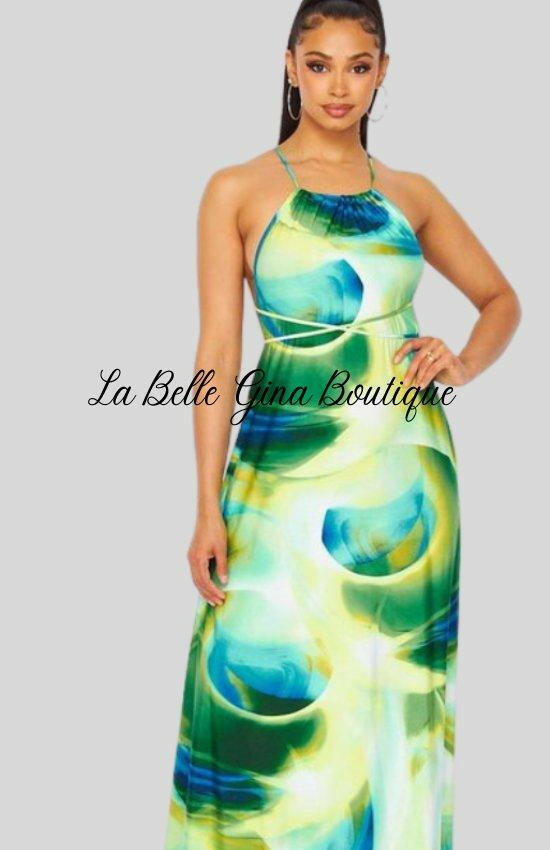 Clara Sleeveless Halter Maxi Dress-Green - La Belle Gina Boutique
