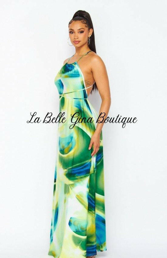 Clara Sleeveless Halter Maxi Dress-Green - La Belle Gina Boutique