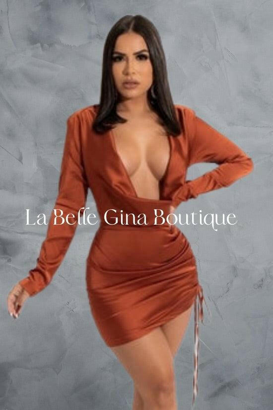 CLARA v neck drawstring mini dress long sleeves. - La Belle Gina Boutique