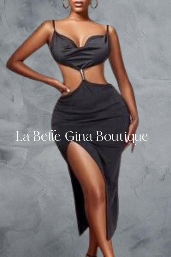 CLARA V neck spaghetti strap cut out slitted dress - La Belle Gina Boutique
