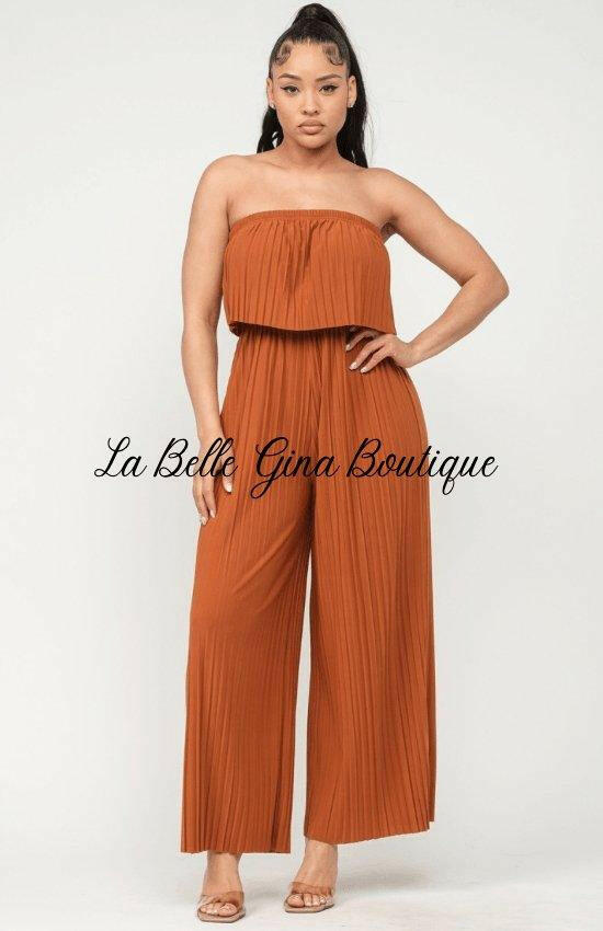 Corsette Pleated Off Shoulder Jumpsuit-Gognac - La Belle Gina Boutique