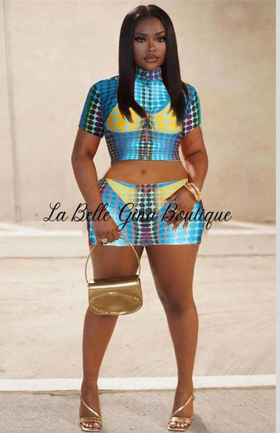 Daphne printed short sleeve top and mini skirt two-piece set - La Belle Gina Boutique