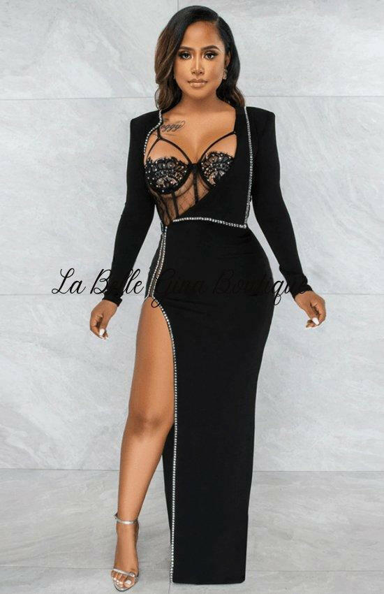 Djoune new sexy Fashion long sleeves Maxi dress-Black - La Belle Gina Boutique