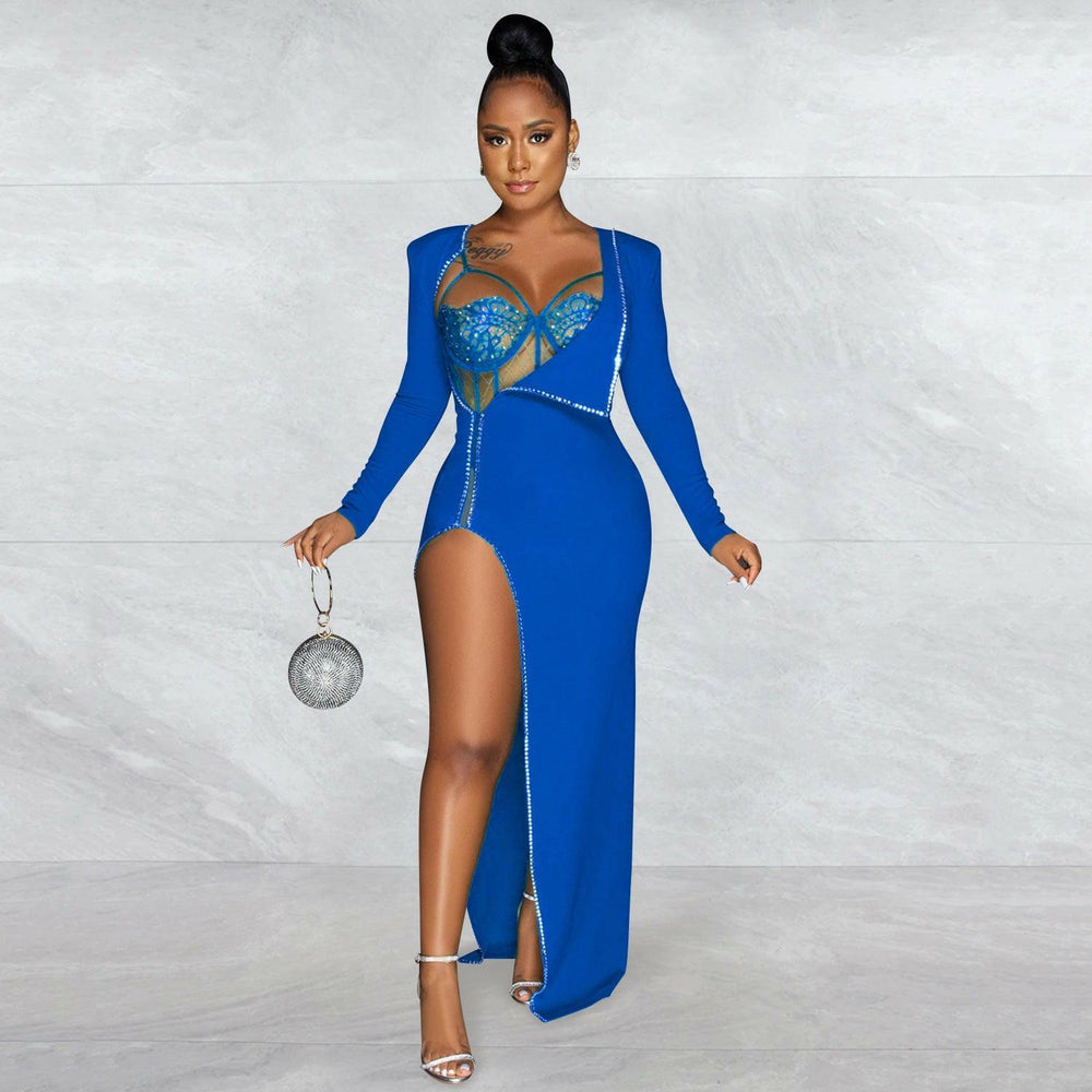 Djoune sexy fashion long sleeves Maxi dress-Blue - La Belle Gina Boutique