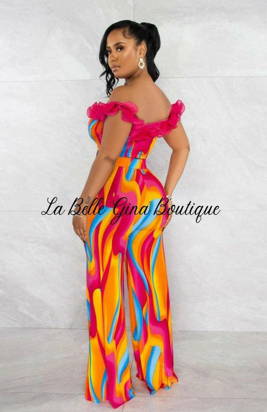 Eddie Printed Two-Piece Set Top with Loose Flared Pants - La Belle Gina Boutique