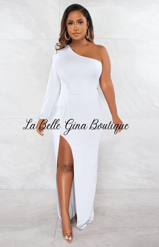 Eliane slant shoulder lantern sleeve slim split dress - La Belle Gina Boutique