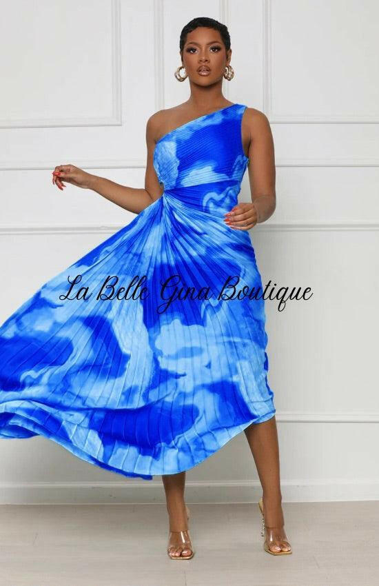 Elise one shoulder wispy print pleated maxi dress-Dark Blue - La Belle Gina Boutique