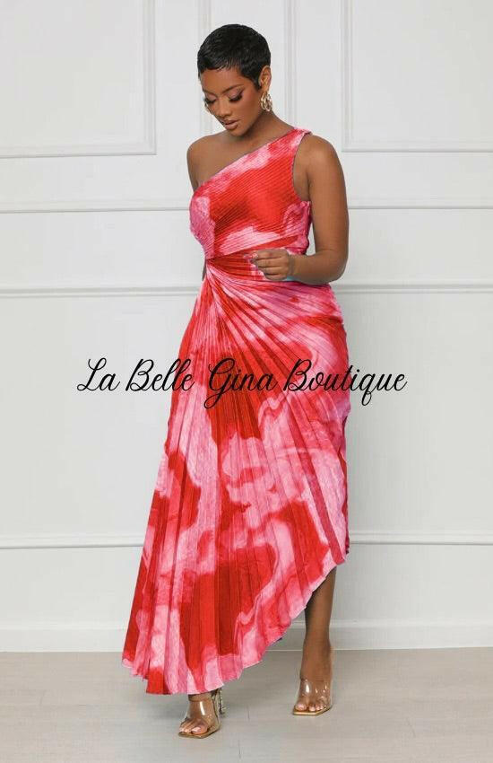 Elise one shoulder wispy print pleated maxi dress-Orange - La Belle Gina Boutique