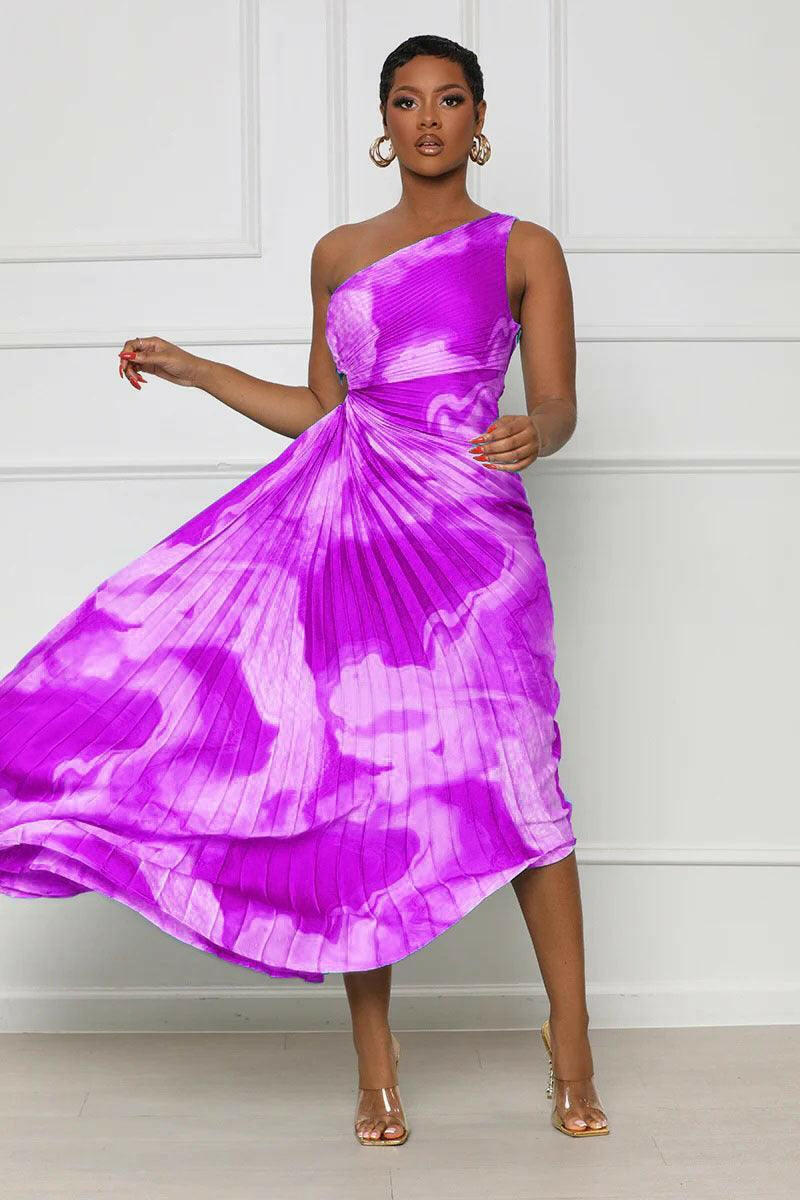 Elise one shoulder wispy print pleated maxi Dress-Purple - La Belle Gina Boutique