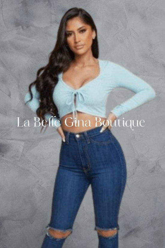 Ena long sleeves blue crop top-Blue - La Belle Gina Boutique