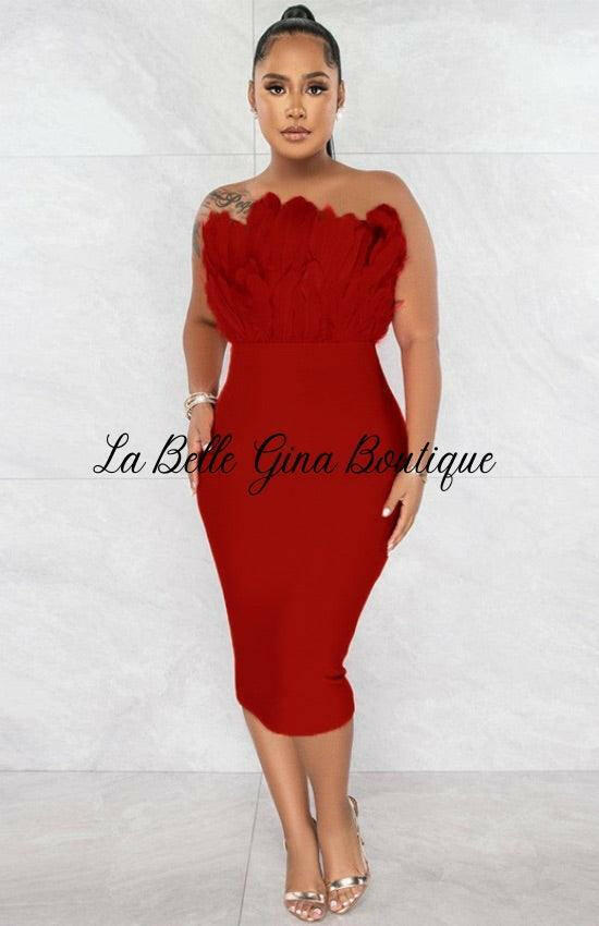 Erline Bra wrap Feather patchwork cocktail Dress-Red - La Belle Gina Boutique