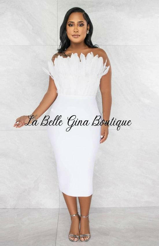 Erline Bra Wrap Feather Patchwork Cocktail Dress_White - La Belle Gina Boutique