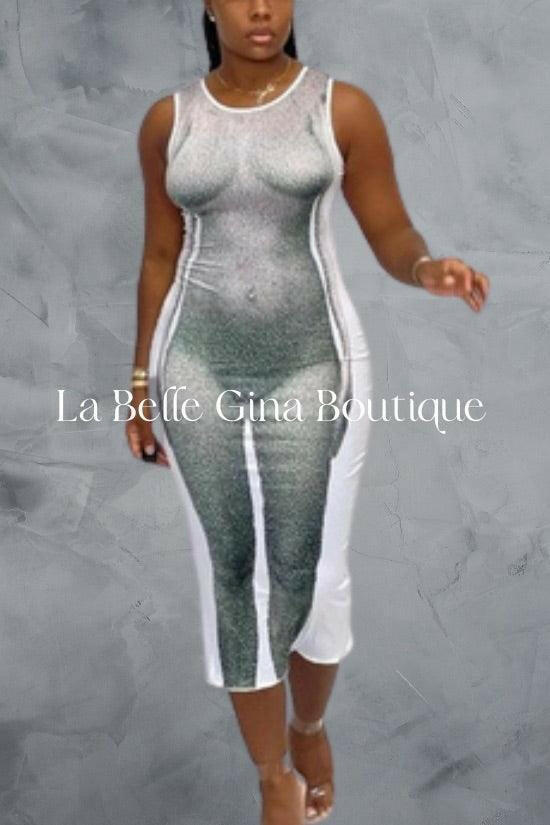 ERNITE Sexy body printing sleeveless mini length bodycon - La Belle Gina Boutique