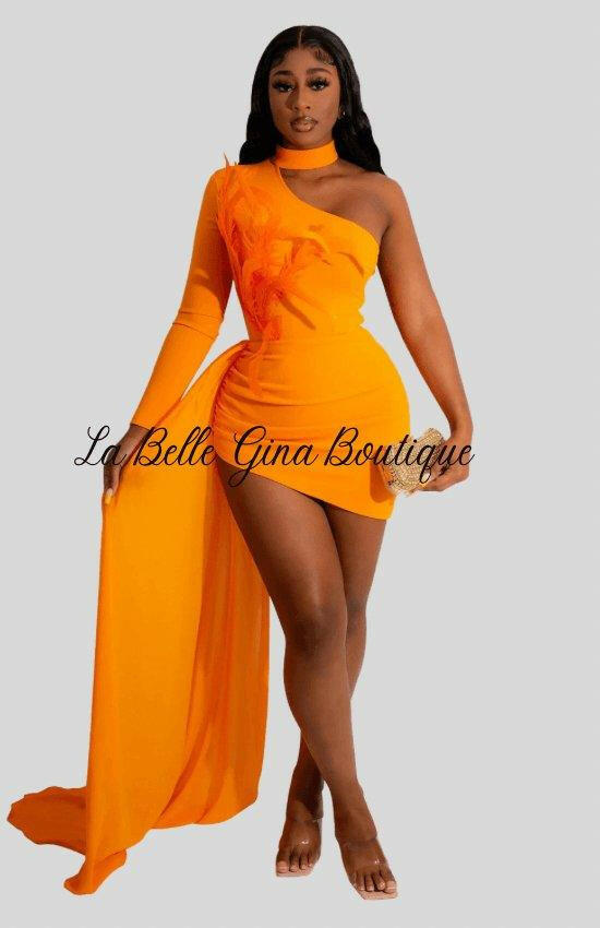 Evelie cape feather single long sleeve oblique shoulder dress-orange - La Belle Gina Boutique