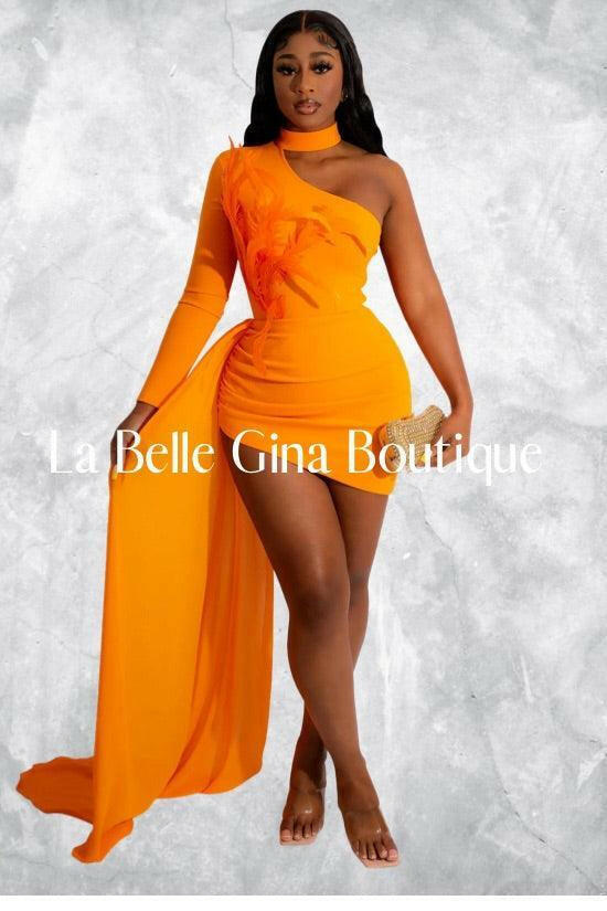 Evelie cape feather single long sleeve oblique shoulder dress-orange - La Belle Gina Boutique