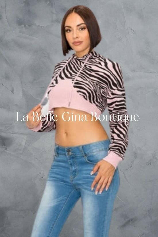 FIA zebra crop sweatshirt with toneby tone color top - La Belle Gina Boutique