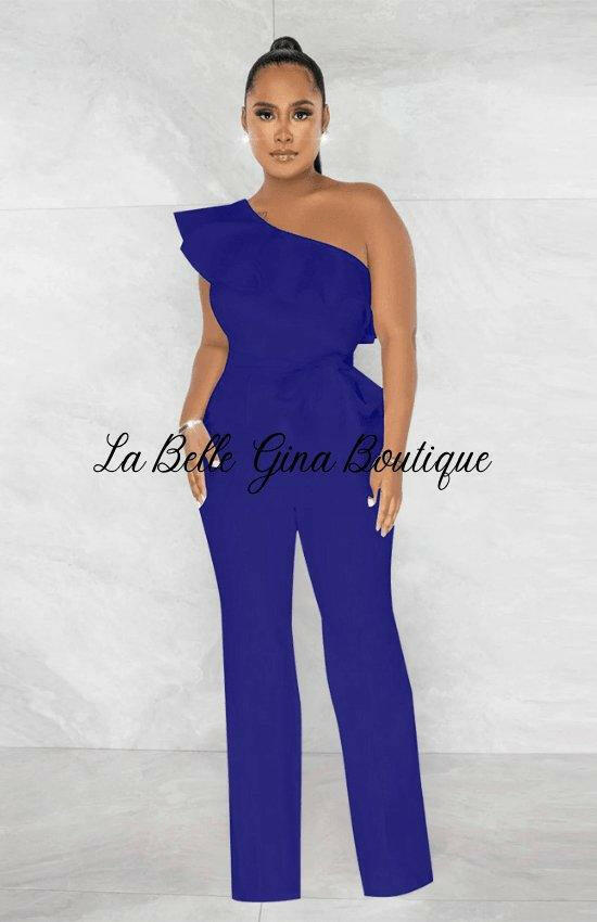 Jeanne one shoulder jumpsuit with belt-Blue - La Belle Gina Boutique